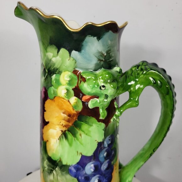 VINTAGE HUGE 15" JPL LIMOGES HAND PAINTED GRAPES DRAGON HANDLE TANKARD PITCHER - Picture 8 of 16